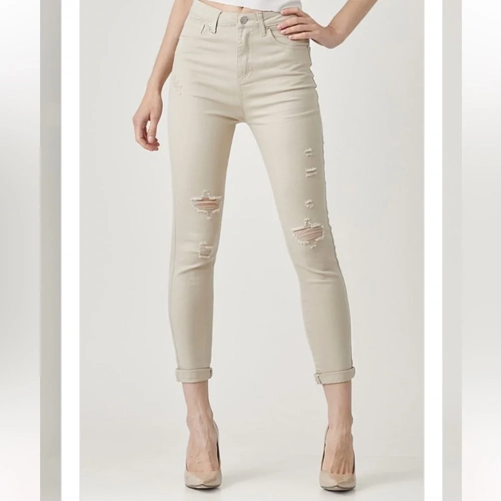 Risen Los Angeles Distressed Ankle Jeans with Cuff, Khaki, Size 2XL